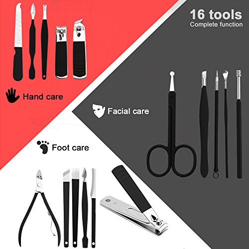 Mens Manicure Set - Mifine 16 In 1 Rubber Plastic Stainless Steel Professional Pedicure Kit Nail Clippers Upgrade Grooming Kit with Black Leather Travel Case Third Generation(Red)