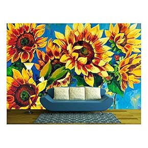 Original Oil Painting of Sunflowers on Canvas.Modern Impressionism - Removable Wall Mural | Self-Adhesive Large Wallpaper - 66x96 inches