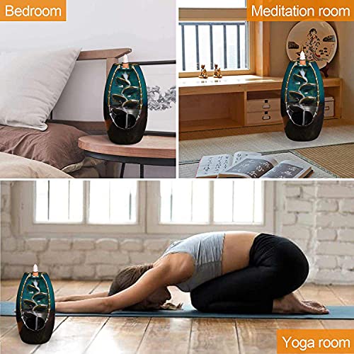 Walking Hero Family Ceramic Backflow Incense Holder Waterfall Incense Burner, with 30 Sandalwood Backflow Incense Cones + 140 Incense Stick, Burn for 40 Minutes,Aromatherapy Ornament Home Decor（Blue）