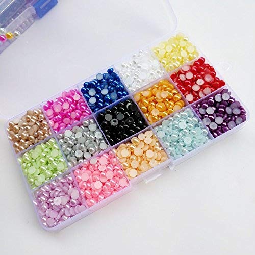 Chenkou Craft 3500pcs Assorted 15 Colors Half Pearl Bead 6mm Flat Back Gem Scrapbook Craft DIY Beads + Plastic Box