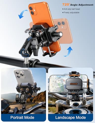 koolehaoda Motorcycle Mobile Phone Holder with Vibration Damper [Double Anti-Vibration] 360° Rotating Mount for Motorcycle, Bike, ATV, UTV and Scooter Compatible with 5.4-7.2 Inch Smartphones