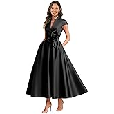 Tea Length Mother of The Bride Dresses for Women Cap Sleeve Satin 3D Flower Formal Evening Party Gowns with Pockets