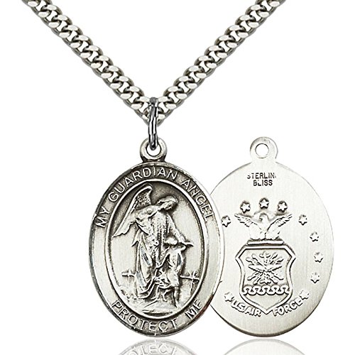Sterling Silver Guardian Angel Pendant 1 x 3/4 inches with Heavy Curb Chain