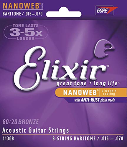 Elixir Strings 80/20 Bronze 8-String Acoustic Guitar Strings w NANOWEB Coating, Baritone (.016-.070)