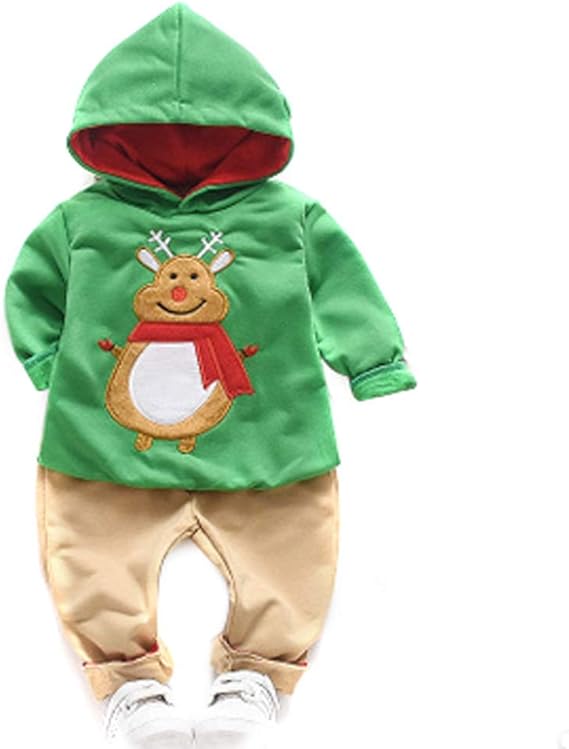 Fiomva Baby Boys Christmas Clothes Set Hooded Sweatshirt Deer Printed Tops with Cotton