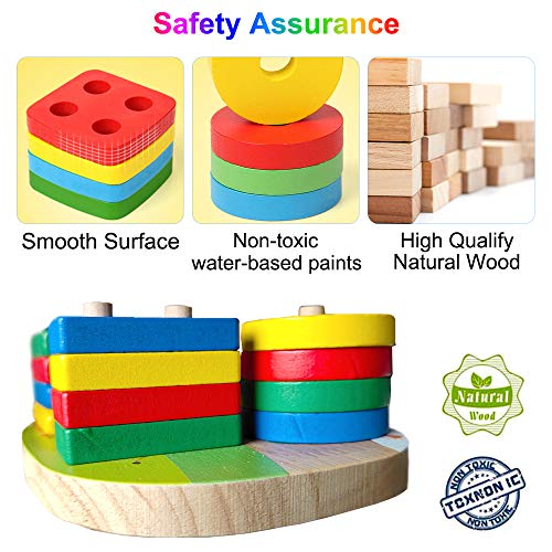 Wooden Educational Toy for Toddlers, Sorting Stacking Toy for Toddlers, Shape Color Recognition Puzzle Stacker, Geometric Board Blocks Stacking Sort, Montessori Toddlers Toy for 1 2 3 4+ Years Old