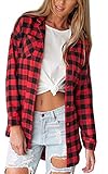 Fanala Womens Plaid Checks Button Down Long Sleeve Long Blouse Tops Shirt Dress