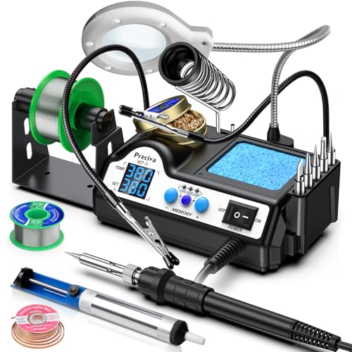 Preciva 927 IV Soldering Station Kit, 130W MAX Soldering Iron with 2 Helping Hands,Magnifying Glass,5 Extra Iron Tips,3 Preset Channels, Adjustable Temperature 194°F to 896°F
