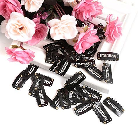 Snap Clips 100 Pcs U-Shape Metallic Clips for Hair Extension Hairpiece DIY Snap-Comb Wig Clips with Rubber (Black)