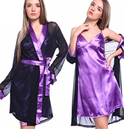 YUJUAN Woman Satin Sexy Lingerie Bath Robe Sleepwear Pajamas Lace Nightwear Dress Three Pieces Set Purple XL