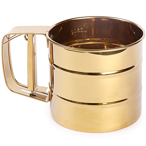 Gold Stainless Steel Flour Sifter with Crank Dishwasher Safe, FDA Certified