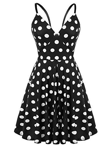 Meaneor Women Plunge V-Neck Backless Polka Dotl Skater Dress Spaghetti  Strap Sundress