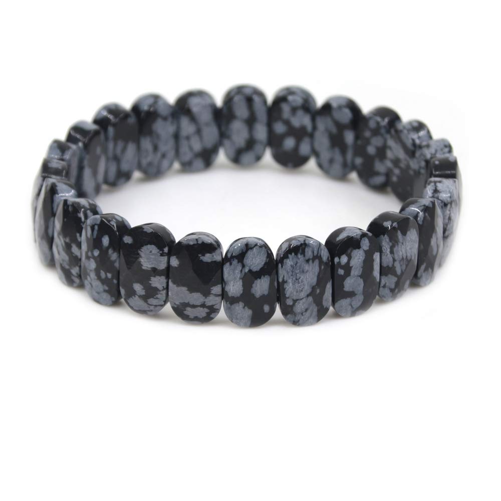 CHENYUE Natural Snowflake Obsidian Gemstone 14mm Faceted Oval Beads Stretch Bracelet 7.5 Inch Unisex