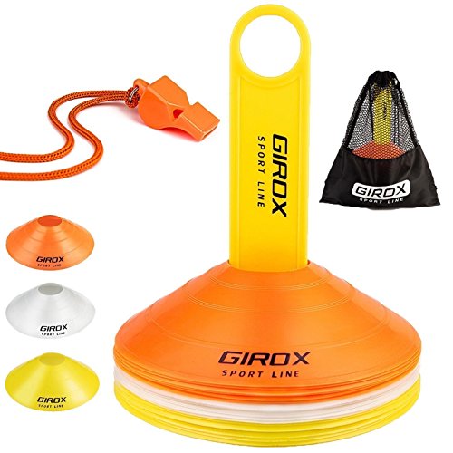 Soccer Training 8 Inch Disc Cones Set by Girox Sport-Includes 21 Agility Cones, Yellow Carrying Stand for Practice Soccer Cones, Carrier Mesh Bag and a Coach Whistle - Thumbnail 6
