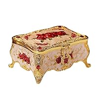 Slivy European Jewelry Treasure Chest Box with Lock Mirror - Classical Alloy Metal Trinket Case with Rose Engraved Earrings/Necklace/Ring Holder - Keepsake Gift Box, Home Table Decor