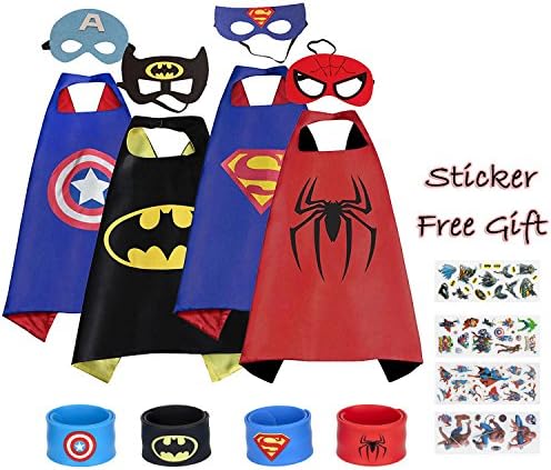 Hongjin0315 Superhero Capes and Mask, 4 Pack Cartoon Satin Capes Set with Slap Bracelets and Sticker for Kids Boys
