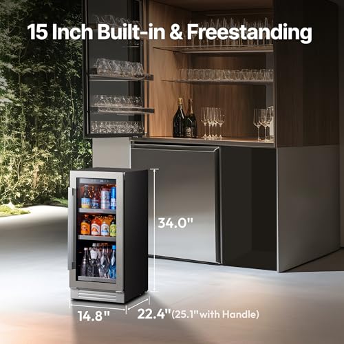 Ca'Lefort 15 Inch Beverage Refrigerator, 80 Can 1-12°C Beverage Fridge, Drink Fridge with Glass Door 3 LED Beverage Cooler Built in or Freestanding, Perfect for Home/Kitchen(3.0 cu.ft)