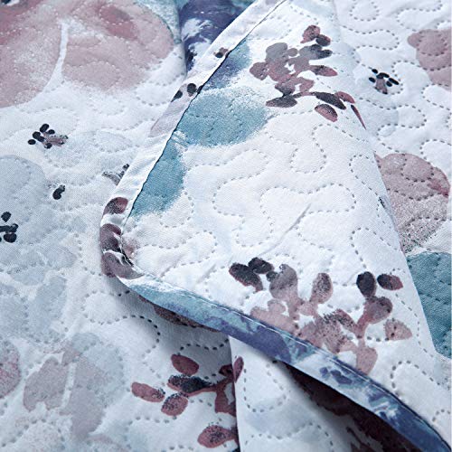 Pink Blue Floral Quilt Set Full/Queen Size Flower Bedding Set Lightweight Summer Bedspread Coverlet with Sham for Kids Teens Adults (1 Quilt+2 Pillow Sham)