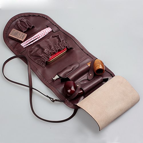 Handmade Genuine Leather Pipe Tobacco Pouch Bag Organize Case Pipe Tool Lighter Holder Pocket for 2 Pipe Vintage Unisex (Dark Brown)
