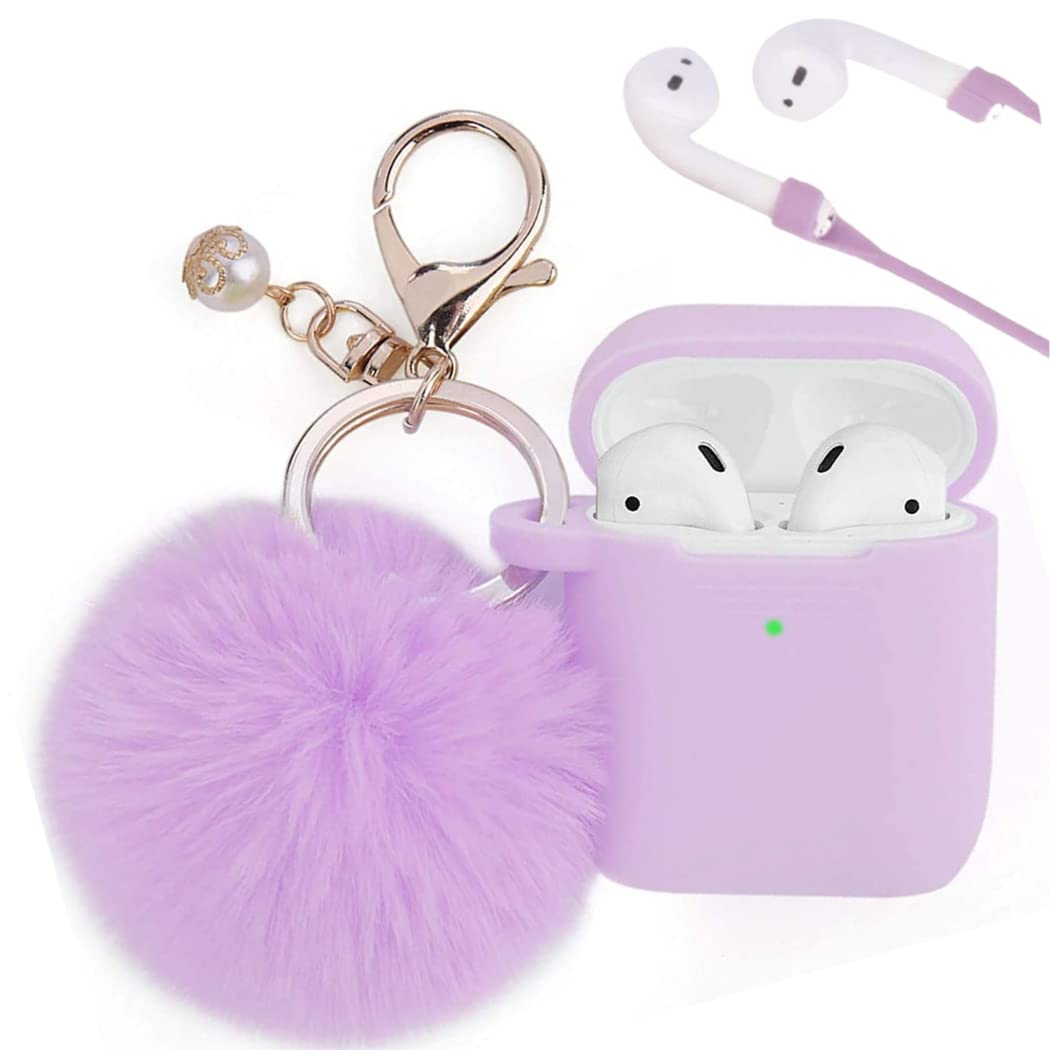 PERSONALLY YOURZ Airpods Case Cover, For Apple Airpod 2 & 1 Generation, Silicone Shockproof Protective Airpod Case【Front LED Visible, Support Wireless Charging】With Keyring & Fluffy Pompom - LILAC