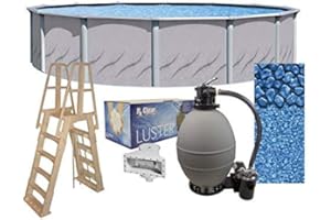 Lake Effect Pools 'Galeria' 30' Round Above Ground Swimming Pool Complete Bundle Kit | 52" Height | Boulder Swirl Pattern Overlap Liner | A-Frame Ladder System | Sand Filter System w/Pump | Skimmer