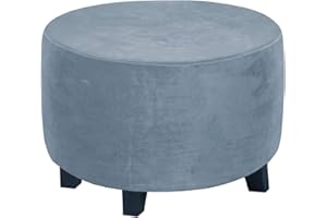 ADPON Velvet Plush Ottoman Cover,Super Stretch Round Ottoman Slipcover Washable Storage Stool Furniture Protector for Living Room (Medium,Stone Blue)