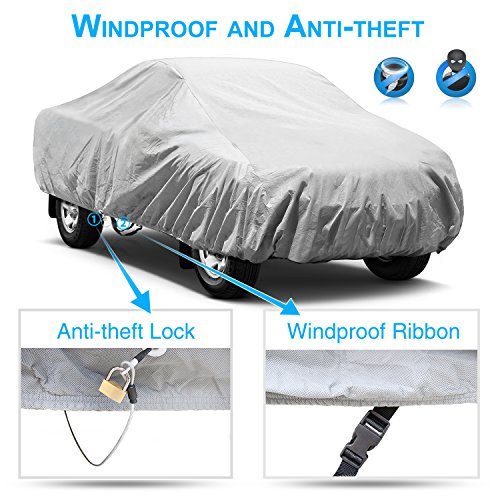 KAKIT Car Cover for Sedan Outdoor, Auto Vehicle Cover Univelsal Fit Windproof/UV Resistant/Waterproof/Dustproof, Free Windproof Ribbon & Anti-Theft Lock,Fits 185" - 199"