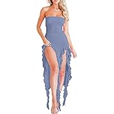 Women Summer Elegant Strapless Tube Midi Bodycon Dresses Irregular Ruffle Tassel Party Dress