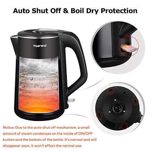 Topwit Electric Kettle, Double Wall 304 Stainless Steel Integrated Seamless Interior, 1.7L Cordless Hot Water Heater Boiler, Coffee Kettle & Tea Pot with Auto Shut Off and Boil Dry Protection