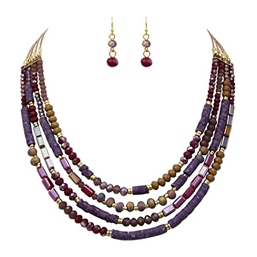 Rosemarie Collections Women's Bead and Crystal Multi Strand Necklace Jewelry Set (Purple)
