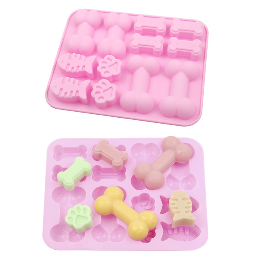 2 PCS Silicone Paw Bone and Fish Shaped 3 in 1 Baking Moulds Pink Non Stick Dog Paw Bone Chocolate Moulds for Cake Cookie Jelly Ice Cube Trays Dog Treats
