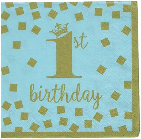 amscan 501862 Blue and Gold 25cm-16 Pcs, Beverage Napkin 1st Birthday Blue & Gold