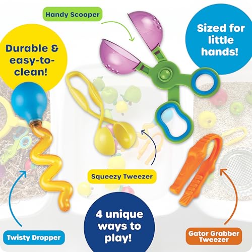 Learning Resources Helping Hands Fine Motor Tool Set Toy - 4 Pieces, Ages 3+ Fine Motor and Sensory Play Toys, Toddler Tweezers, Sensory Bin Toys