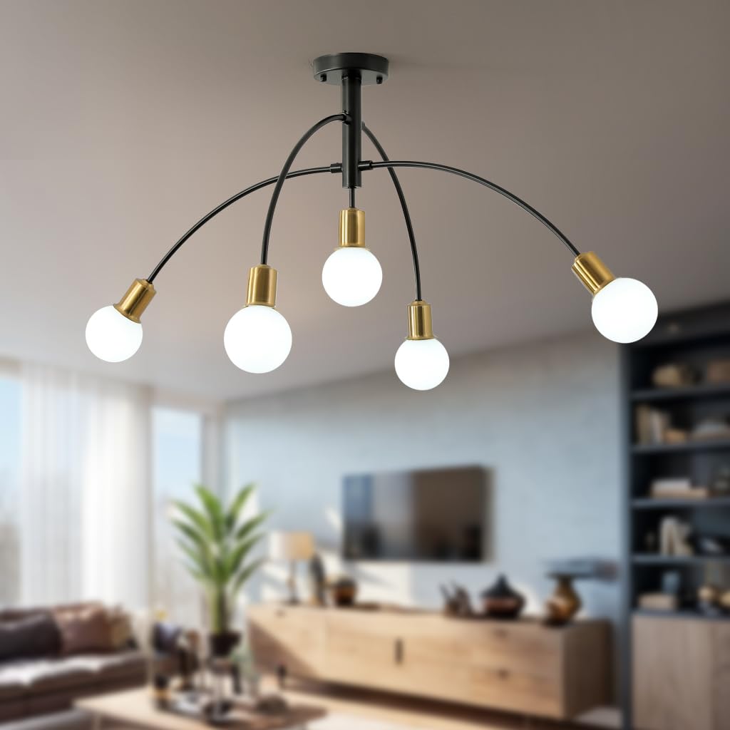 Photo 1 of Sheadea Mid Century Semi Flush Mount Ceiling Light Fixture,Modern 5 Light Gold and Black Sputnik Chandelier for Living Room Dining Room Bedroom Kitchen Office