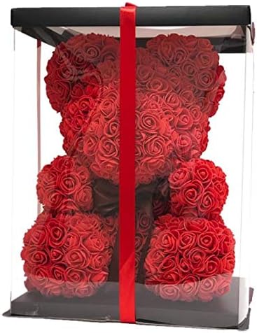 FleurAmore Rose Flower Bear - 16 Inches Tall - Over 500+ Flowers on Every Rose Bear - Perfect for Anniversary's, Birthdays, Bridal Showers, Mothers Day - Clear Gift Box Included! (Red, 16 inches)