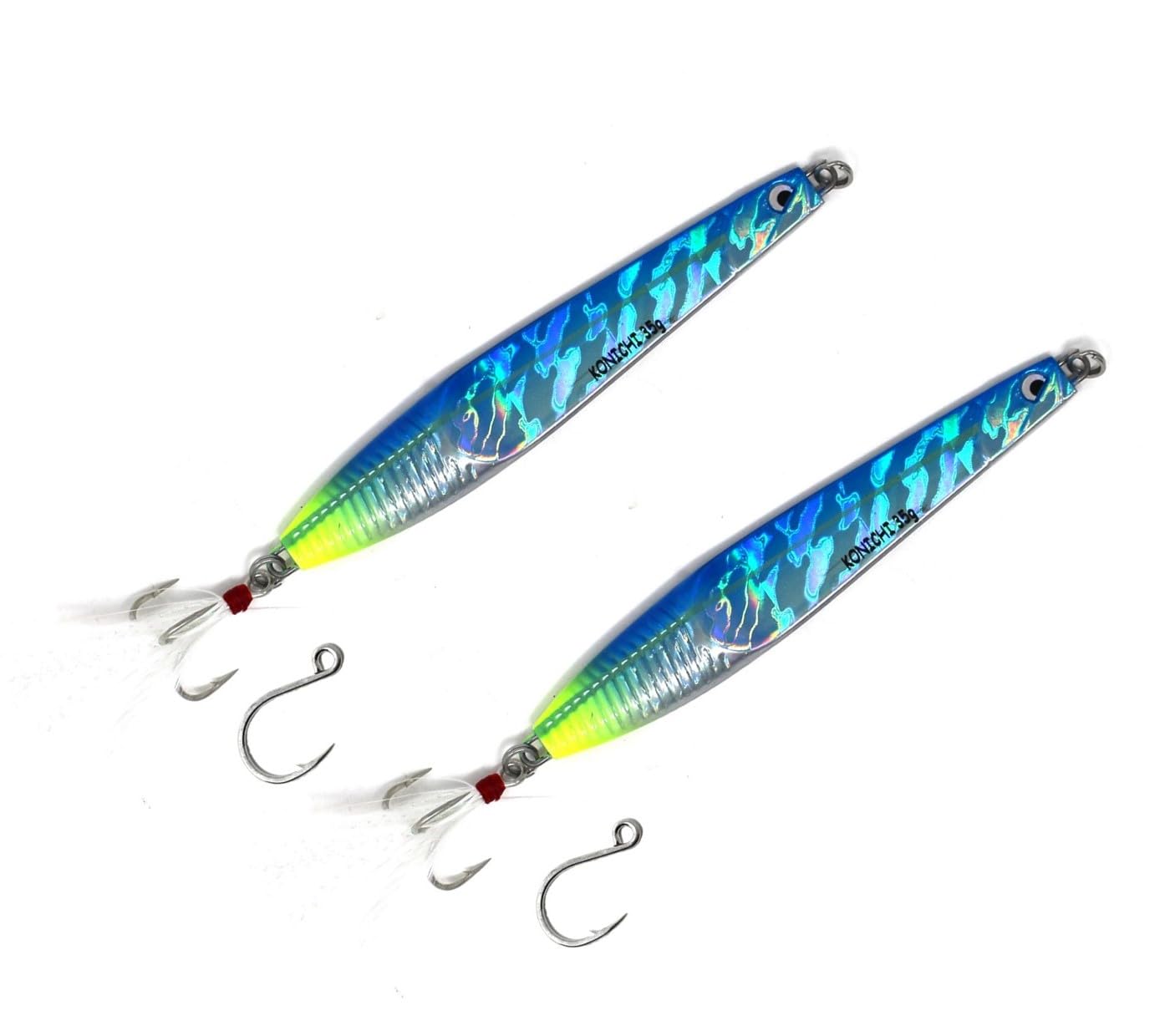FISHZONE - 10 Pack 2 x KONICHI RIP RIDER Long Cast Fishing Lures - 11.50cm / 40g - Dressed Marine Mylar Treble & In-line 3/0 Hook (4 Colours Designs) For Predatory Fishing (Blue Chrome)