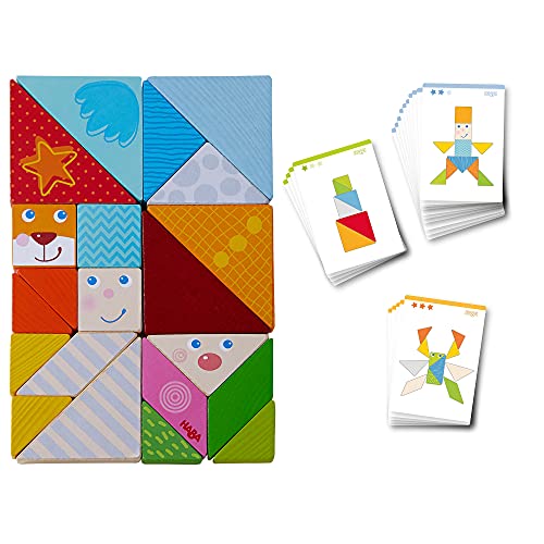 HABA Wooden Stacking Toys Funny Faces Tangram STEM Toys – 21 Geometric Shapes & 20 Challenge Cards – Educational Wooden Blocks for Toddlers & Preschoolers Ages 3+, Made in Germany