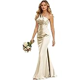 Women's One Shoulder Bridesmaid Dresses with Slit Corset Mermaid Satin Pleated Formal Party Dress WML45