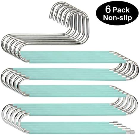 HuaQi S Shape Clothes Pants Hangers Non Slip Closet Storage Organizer Multi Space Saving Hanger for Pants Jeans Belt Tie Scarf Legging (6pcs Green Ash)