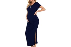 Smallshow Women's Long Maternity Dress Short Sleeve Split Ruched Pregnancy Clothes