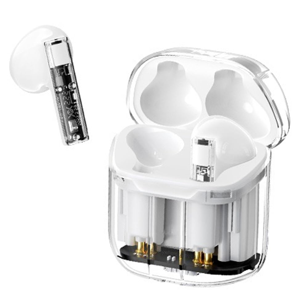 AMPLE Wireless Earbuds For iPhone 16 16 Plus 16 Pro 16 Pro Max / 15 15 Plus 15 Pro 15 Pro Max, IPX4 Clear Casing True Wireless 5.3 Stereo Music Lightweight Sport In Ear Earphones Headphones (WHITE)