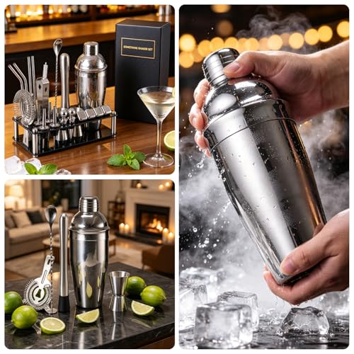 Garselay 25 Pcs Cocktail Bartender Kit,Shaker Cocktail de Acero Inoxidable de 750ml,Coctelera Kit con Soporte de Acrílico y Folleto de Recetas de Cóctel,Herramientas Profesionales de Kit de Bartender
