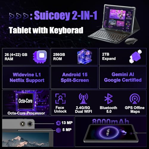 Android tablet 10 inch, 2026 Android 16 Tablet with Keyboard, 26GB+256GB (2TB Expand), Gemini AI Tablet with 8-Core, 8000mAh, 5G WiFi, Widevine L1, 2 in 1 Tablets PC with Case/Mouse/Stylus-Black Case