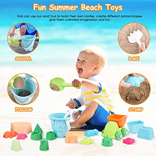 PESUMA Beach Toys for Kids 3-10, 21pcs Sand Toys Including Sand Castle Mold, Bucket, Shovel, Dump Truck, Rake, Mesh Bag Sandbox Toys and Sand Toys for Kids Toddlers Boys Girls Outdoor Indoor Play Gift