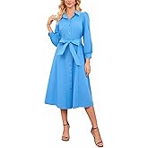Ladyful Women's Long Sleeve Cotton Midi Shirt Dress Button Down Belted Casual A-line Flowy Tie-Waist Collared Dresses