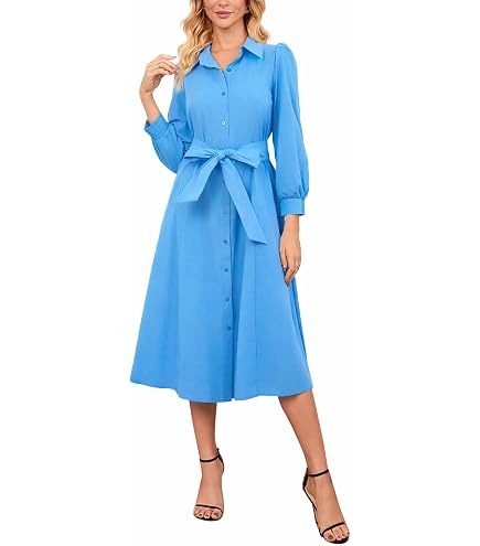 ladies midi shirt dress Light Blue Cotton Button Front - All Dresses Amazon Essentials Womens Georgette Long