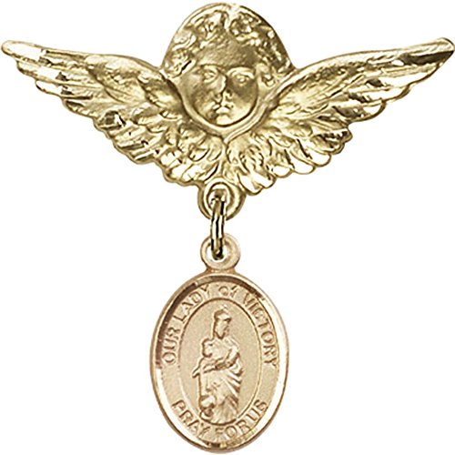 Gold Filled Baby Badge with Our Lady of Victory Charm and Angel w/Wings Badge Pin 1 1/8 X 1 1/8 inches