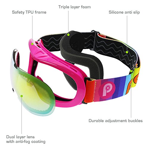 PP PICADOR Kids Ski Goggles, Kid Snow Snowboard Goggles for Boys Girls 4-7 with Over Glasses OTG Design Anti-Fog Lens 100% UV Protection Helmet Compatible(Pink)
