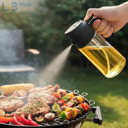 Garrafa Spray de Azeite 2 em 1 470ml – Pulverizador e Dosador para Óleo e Vinagre, Dispensador de Azeite em Vidro Premium para Air Fryer, Saladas, Churrasco e Cozinha (Preto)