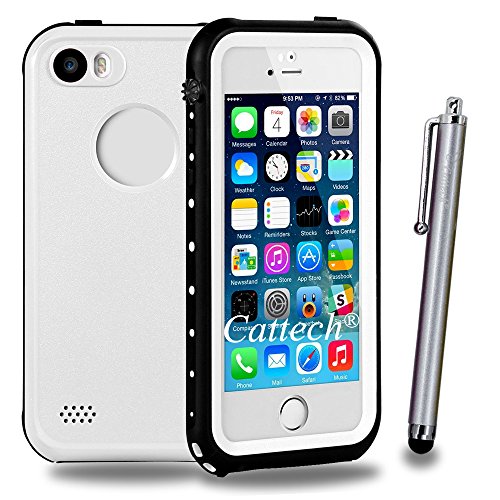 iPhone SE Waterproof Case,Cattech [Water resistant] IP68 Protection Dirt-poof Shockproof Snow-proof ,Underwater Hard Armor Rugged Full Body Sealed Case Cover for iPhone 5/5S/SE + Stylus (White)